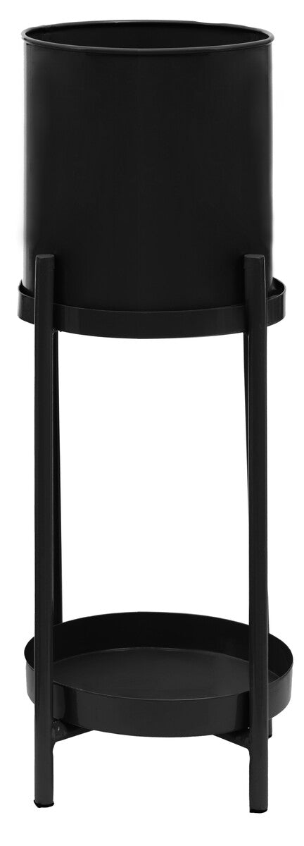 Asher two tier black plant stand with cylindrical planter and matching lower shelf on slender legs for plants