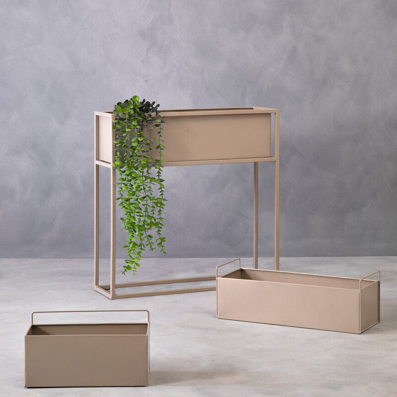Beige metal wall plant box with matching tray and smaller box in grey natural for minimalist wall plant display