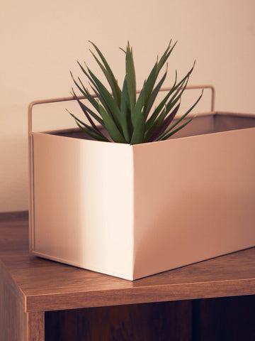 A sleek rose gold metal wall plant box with integrated handle holding a green succulent in a grey natural style