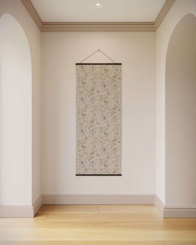 Asian bird tapestry featuring a delicate beige floral chinoiserie design with subtle green and blue accents and black border