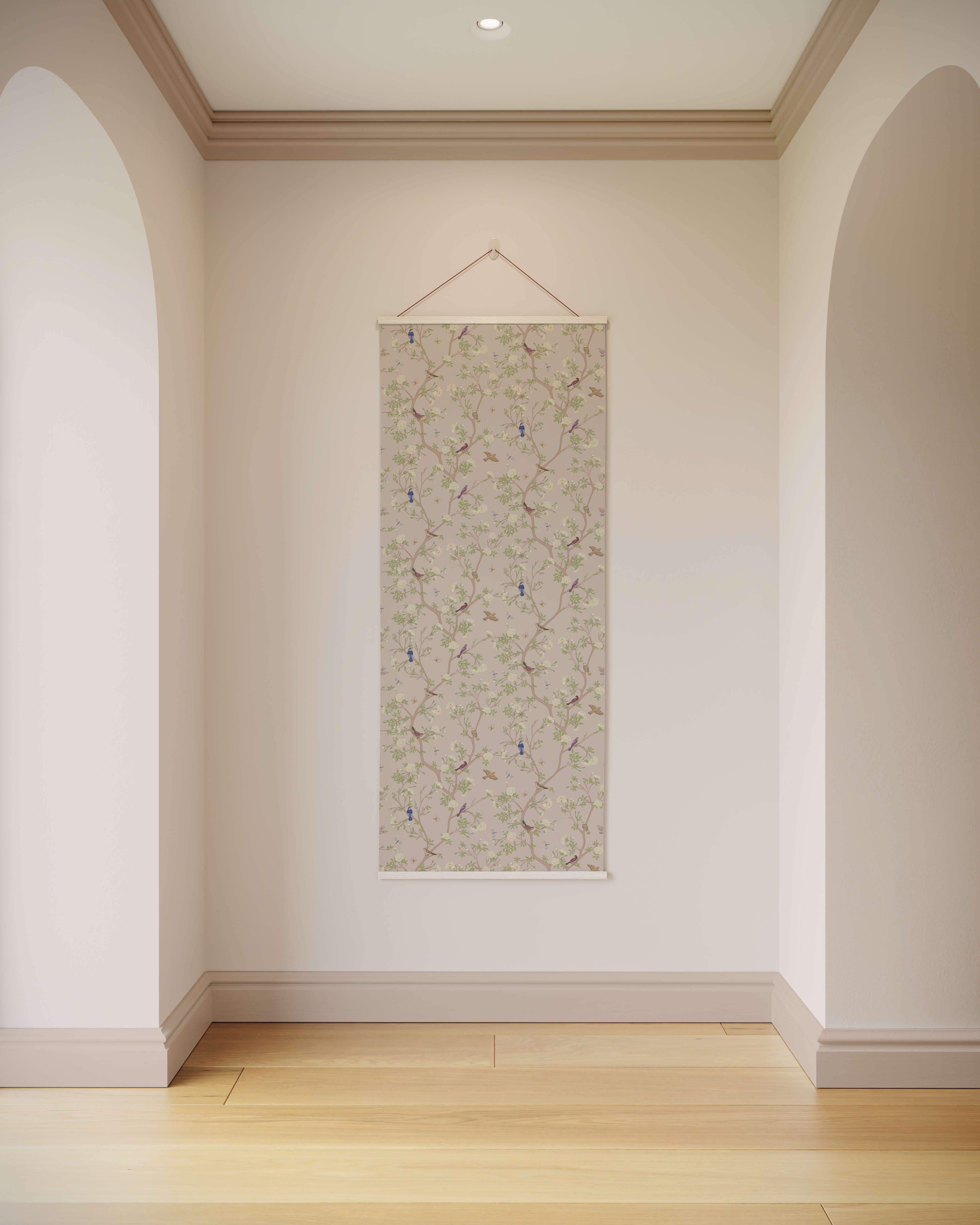 Beige-toned asian bird tapestry with delicate floral pattern in soft greens and blues featuring chinoiserie design