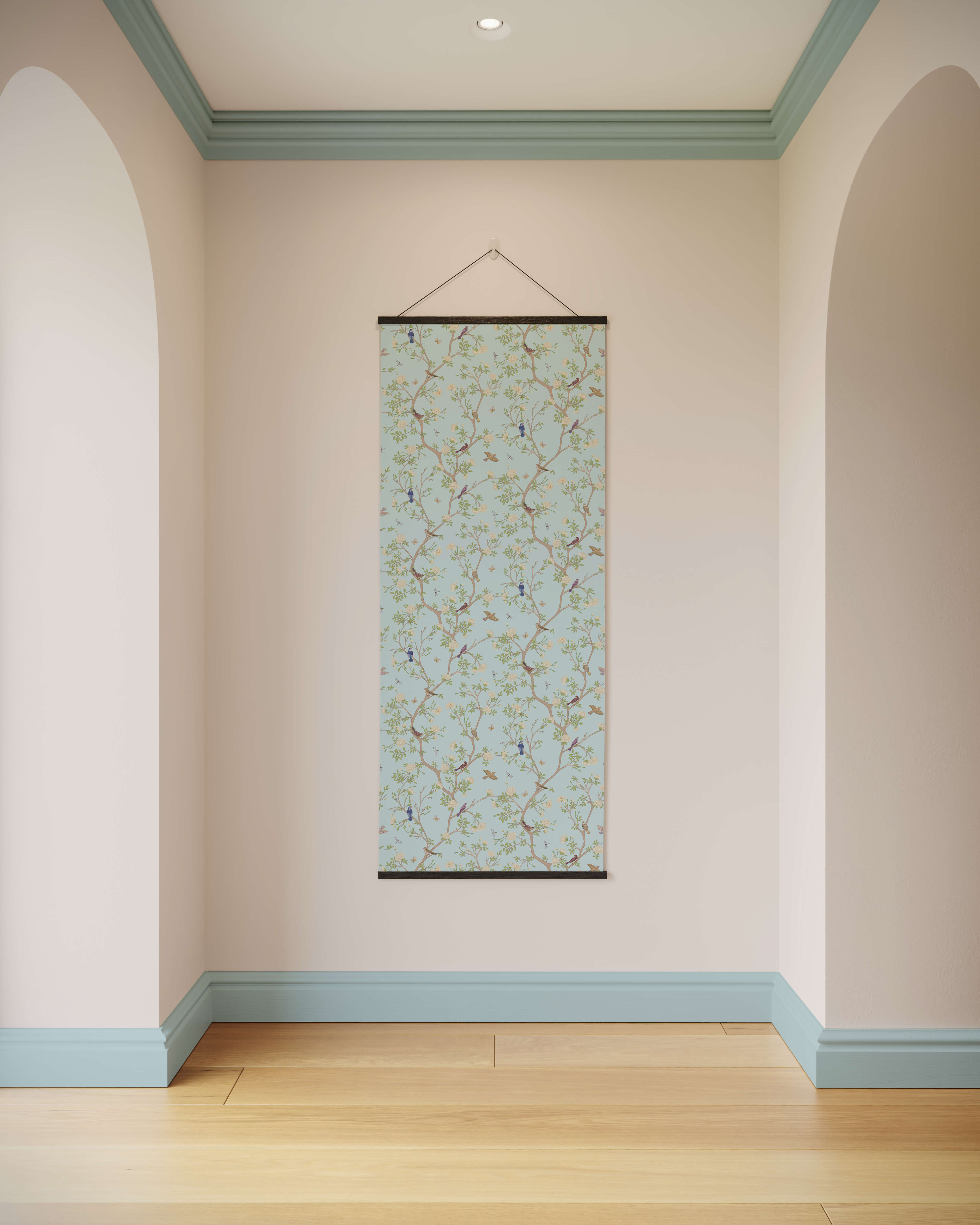 A delicate light blue asian bird tapestry with chinoiserie design on soft textured fabric featuring birds and branches
