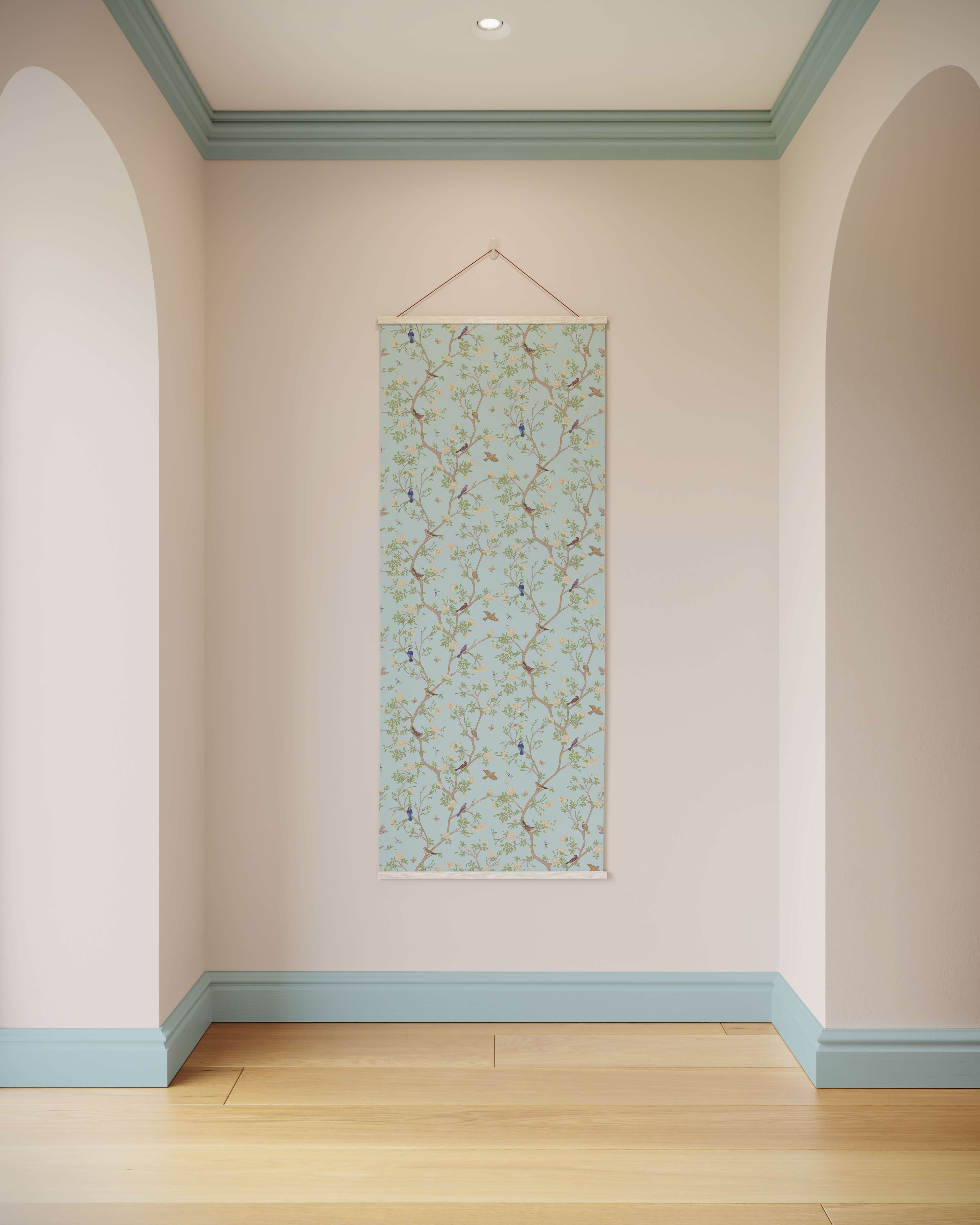 A delicate light blue asian bird tapestry with chinoiserie design featuring branches and birds in a white frame