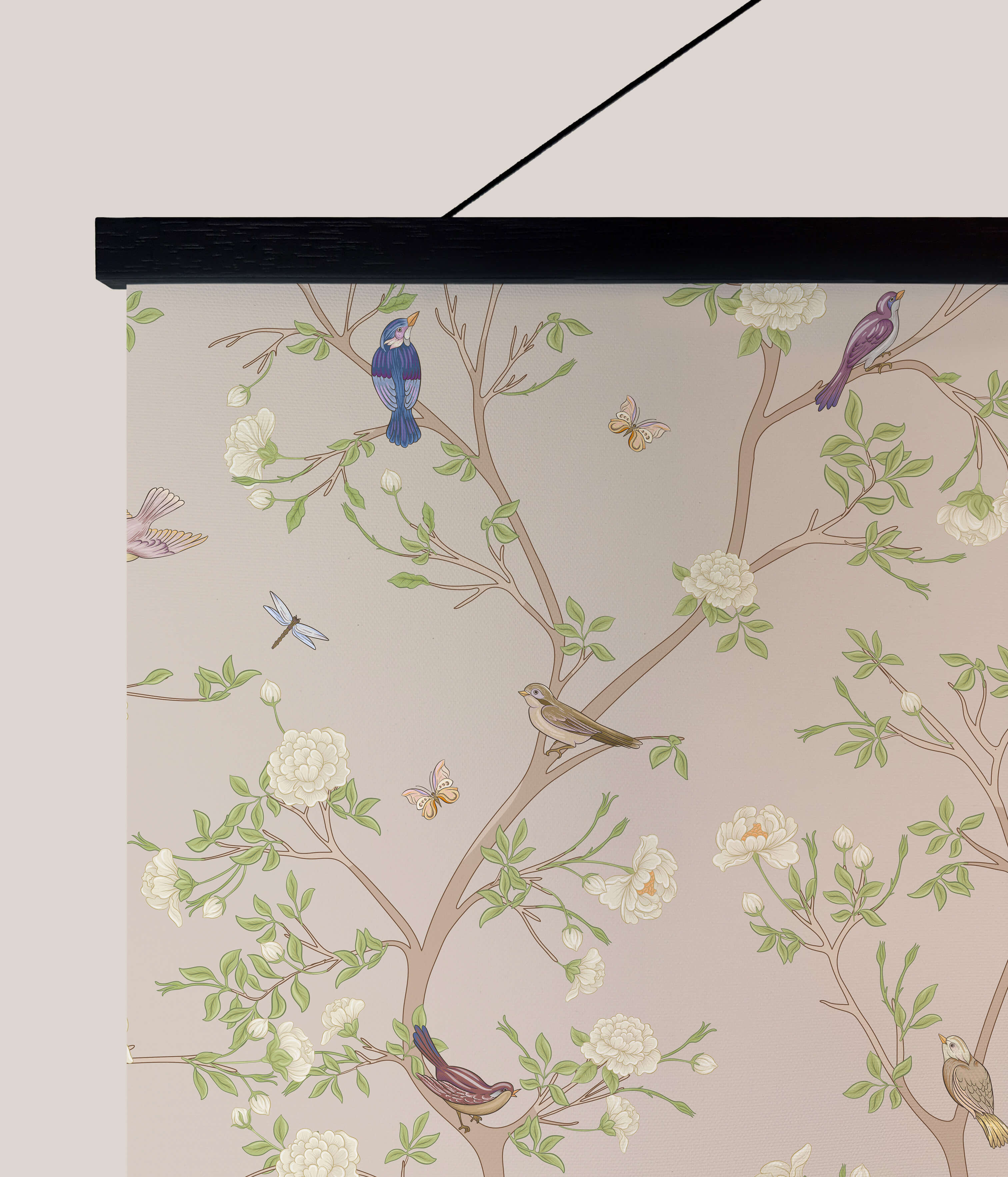 A delicate beige asian bird tapestry with chinoiserie design of birds butterflies and blossoms in soft blues and greens