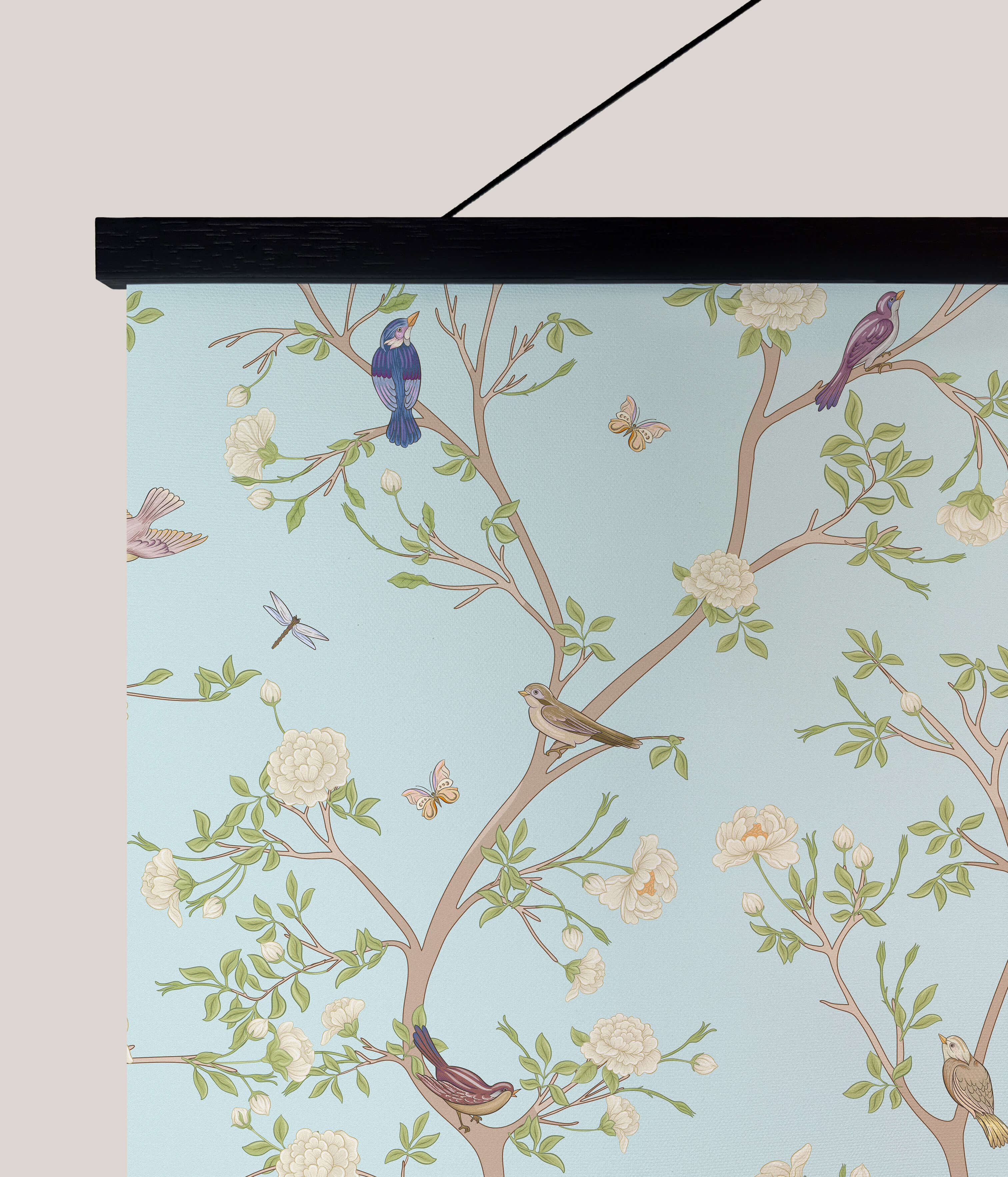 Delicate light blue asian bird tapestry with chinoiserie design featuring birds butterflies and botanical blossoms