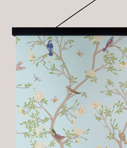 Delicate light blue asian bird tapestry with chinoiserie design featuring birds butterflies and botanical blossoms