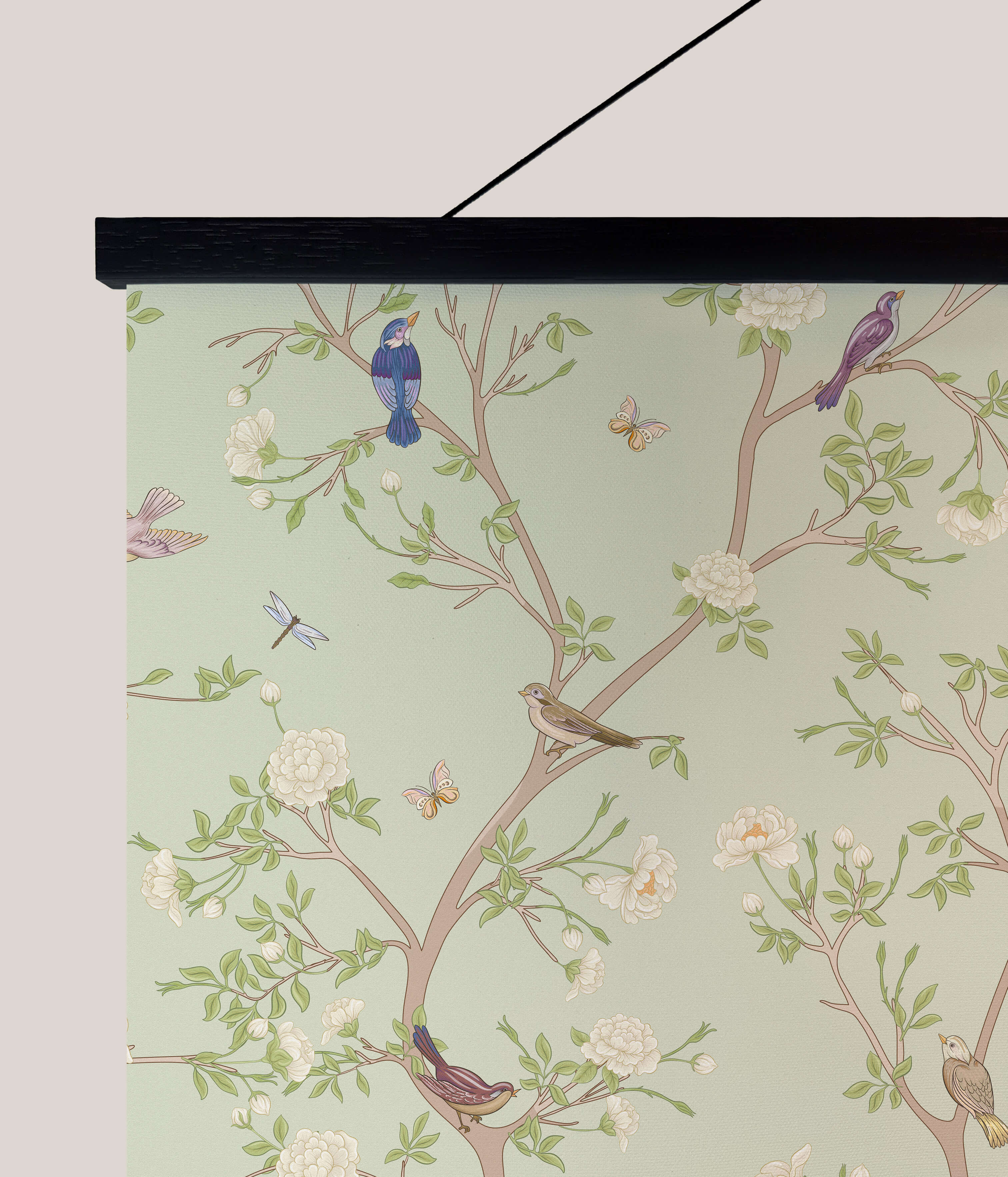 A delicate mint green asian bird tapestry with chinoiserie design featuring birds butterflies and blossoms