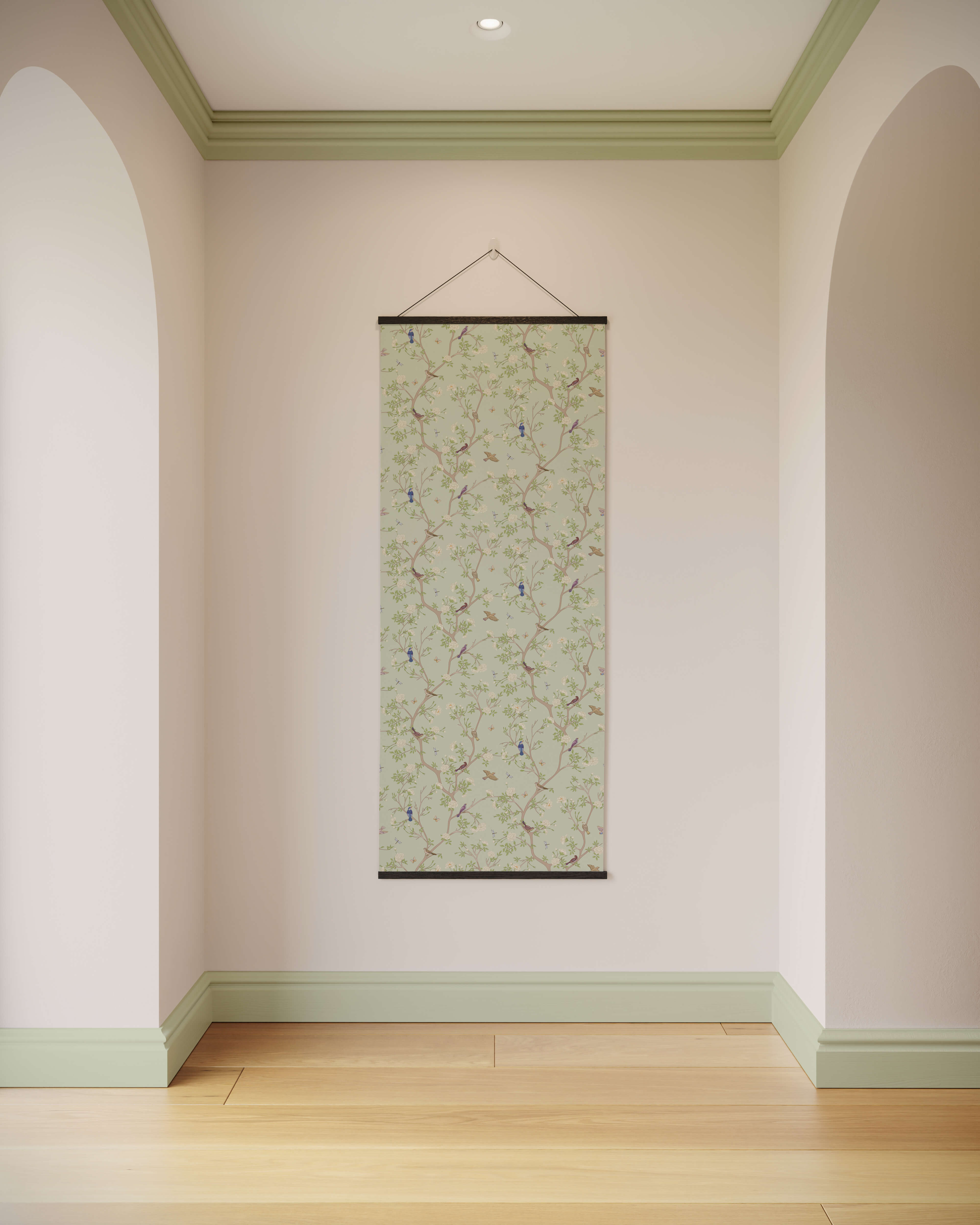 A rectangular asian bird tapestry with chinoiserie design in muted green beige tones and dark wood frame