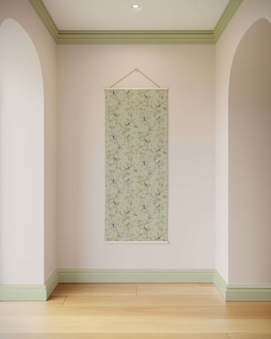 A rectangular light green asian bird tapestry with delicate vines and small birds in chinoiserie design