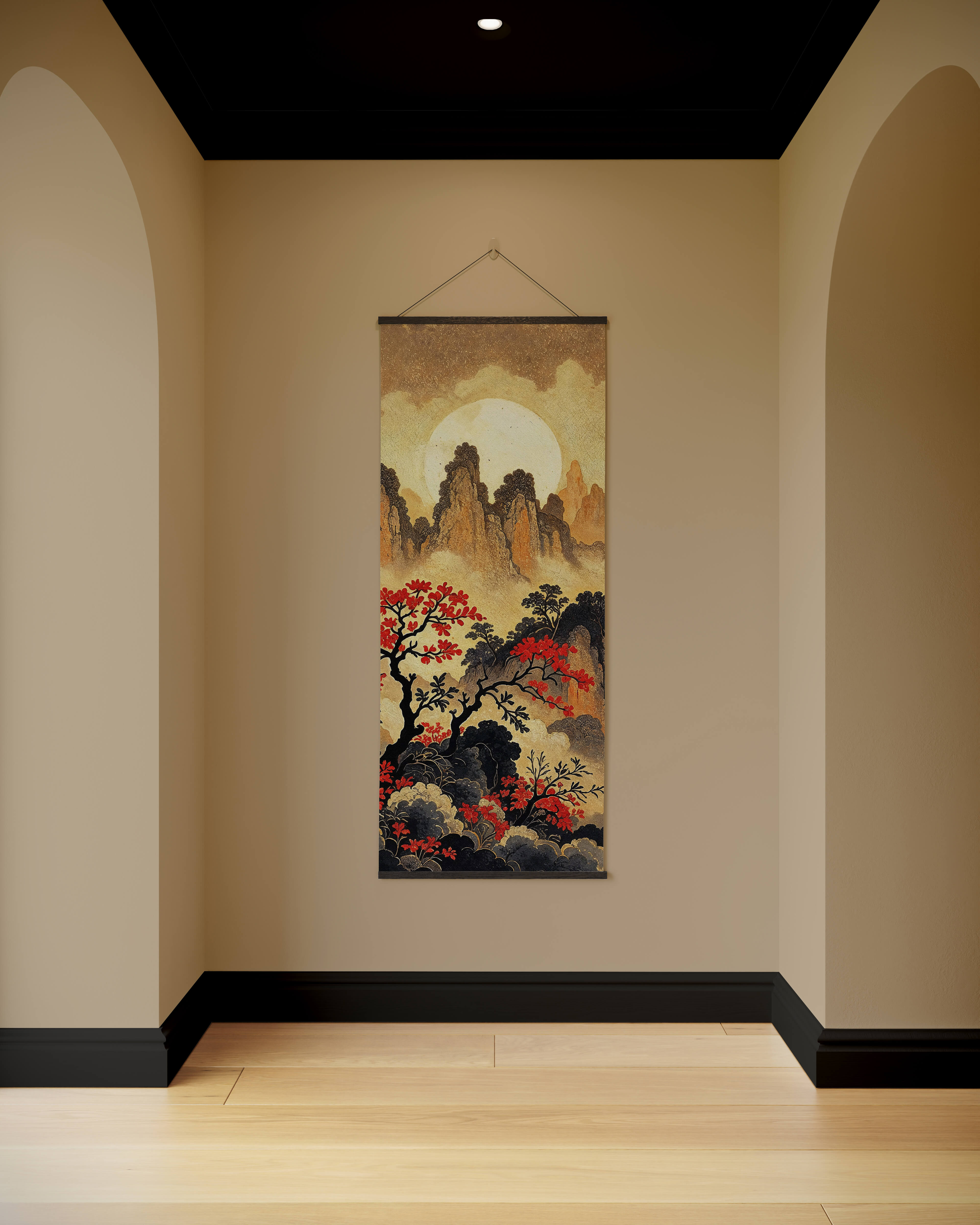 A vertical asian mountain tapestry with red-leafed trees misty mountains and a full moon on a warm sky background