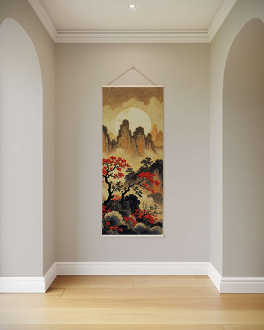 A vertical asian mountain tapestry with red-leafed trees misty mountains and a full moon on a warm sky background