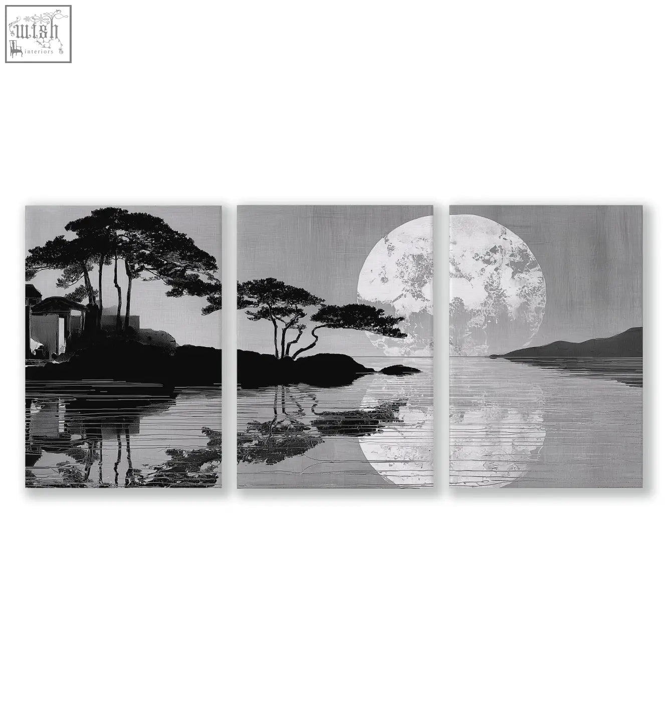 Black and white asian painting triptych featuring japanese moonrise silhouette for dining room wall above dining table