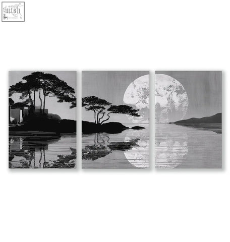 Black and white asian painting triptych featuring japanese moonrise silhouette for dining room wall above dining table