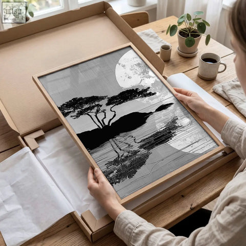 Minimalist asian painting of japanese moonrise silhouette in black and grey in a light wood frame perfect for dining room wall art