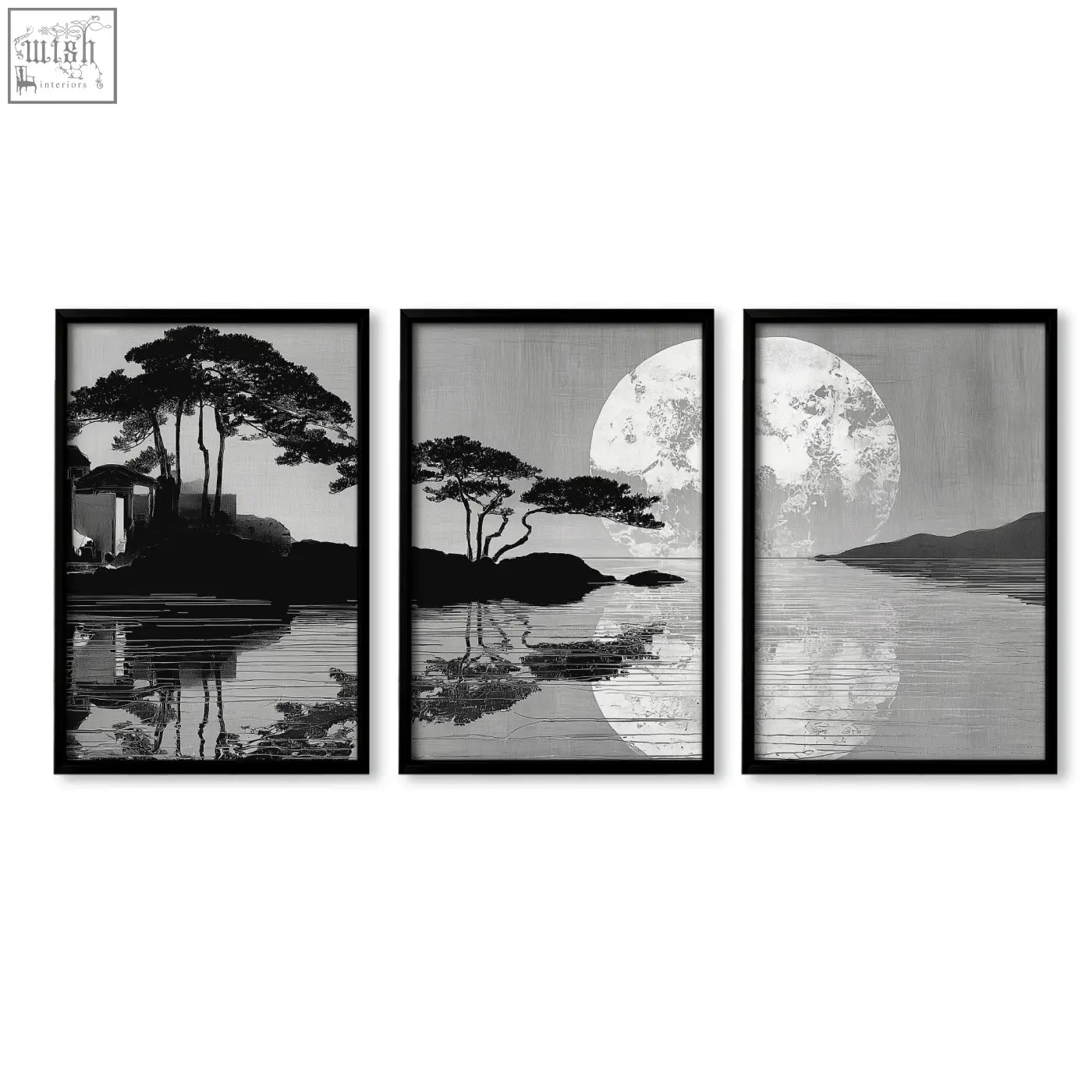 Set of three black-framed asian painting prints with japanese moonrise silhouettes in grey and black for dining room wall art