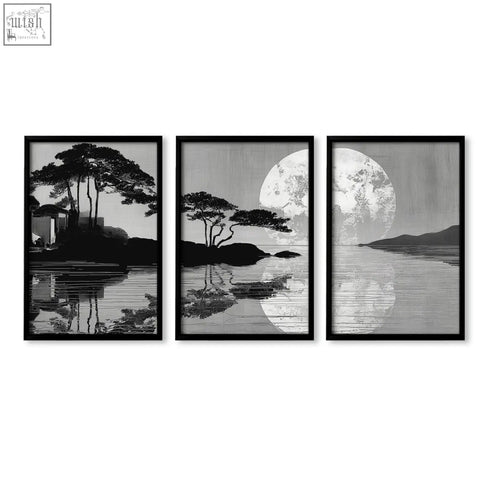 Set of three black-framed asian painting prints with japanese moonrise silhouettes in grey and black for dining room wall art