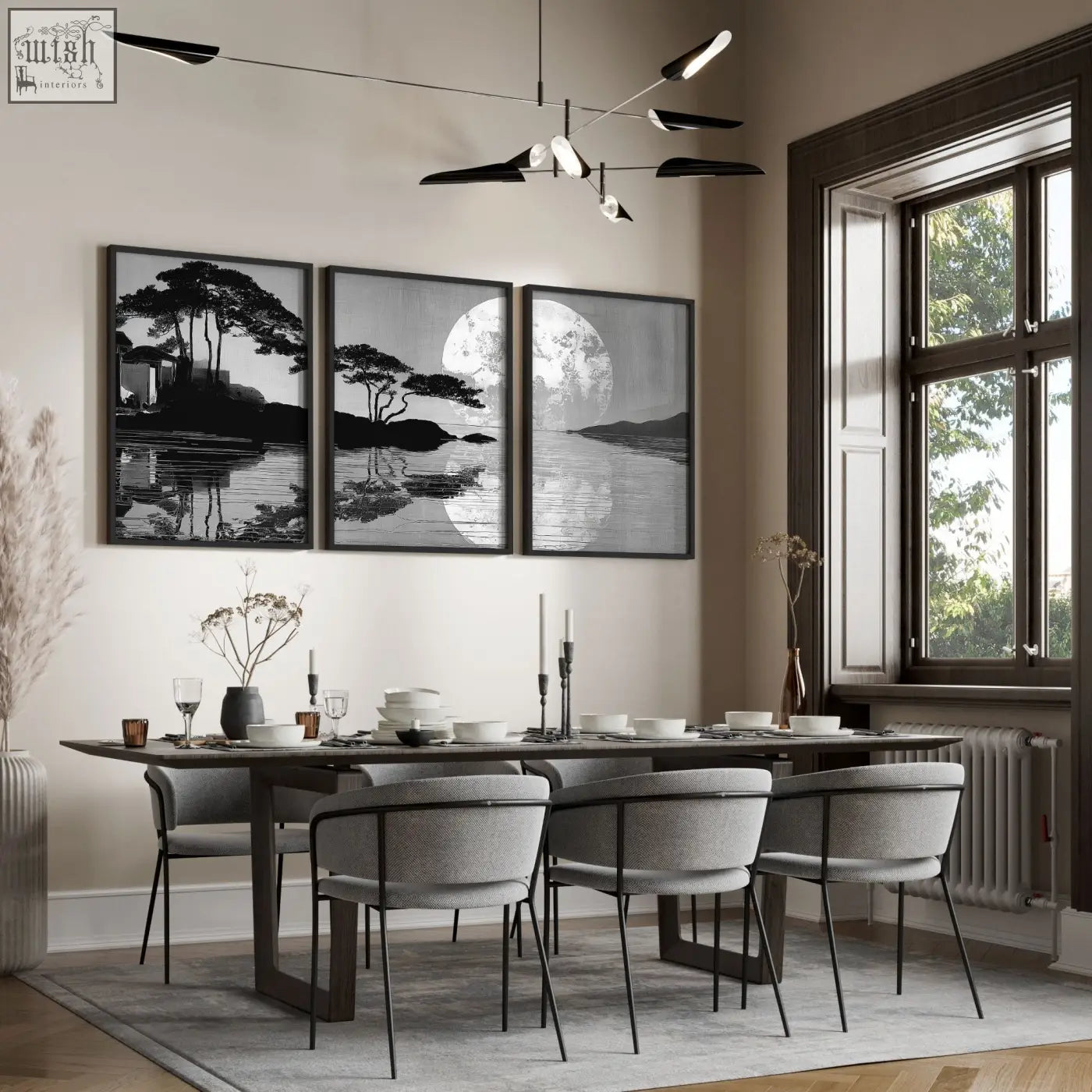 Set of 3 asian painting black-framed monochrome dining room wall art prints with japanese moonrise silhouette
