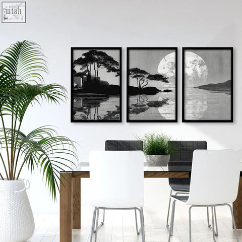 Three black-framed asian painting prints with japanese moonrise silhouette in grey and black for dining room wall art