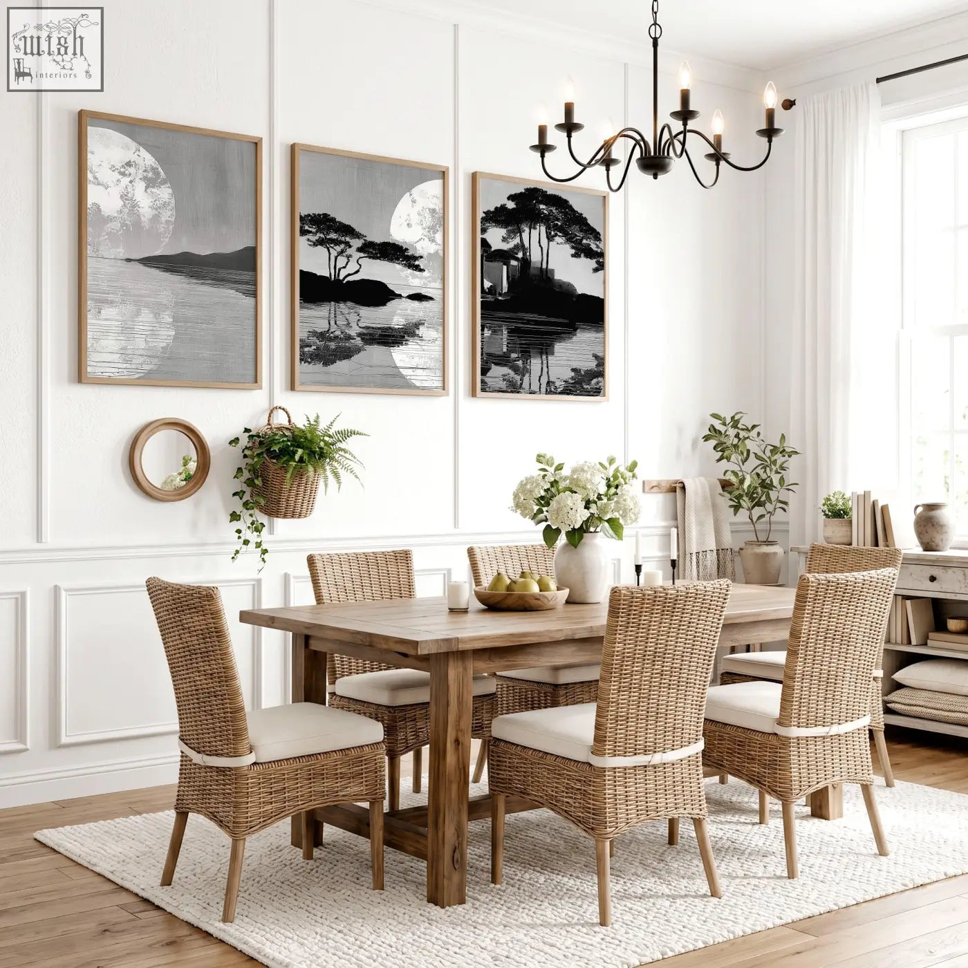 Woven rattan dining chairs with cream cushioned seats paired with asian painting japanese moonrise wall art in dining room