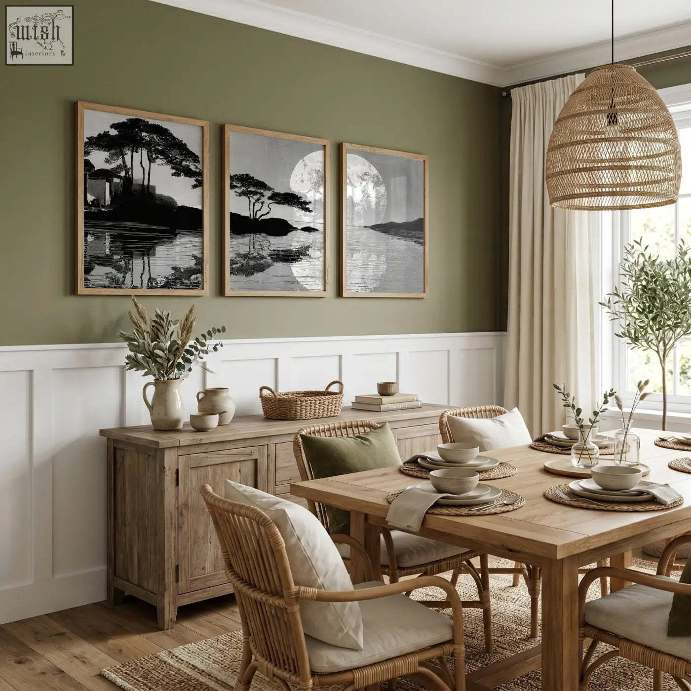 Set of 3 asian painting black and white japanese moonrise silhouette prints with minimalist wooden frames for dining room wall art