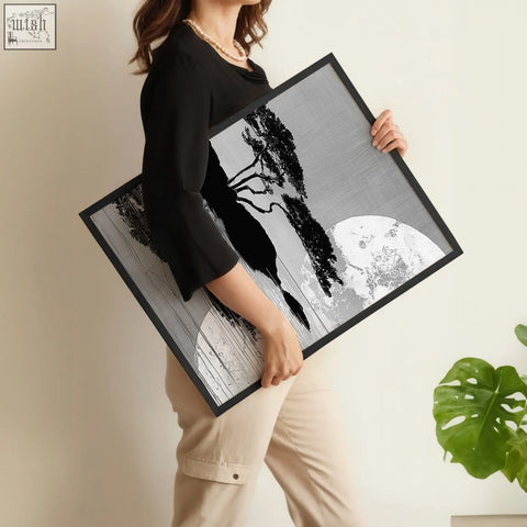 Black-framed asian painting of a stylized tree silhouette on gray background perfect for dining room wall art set of 3