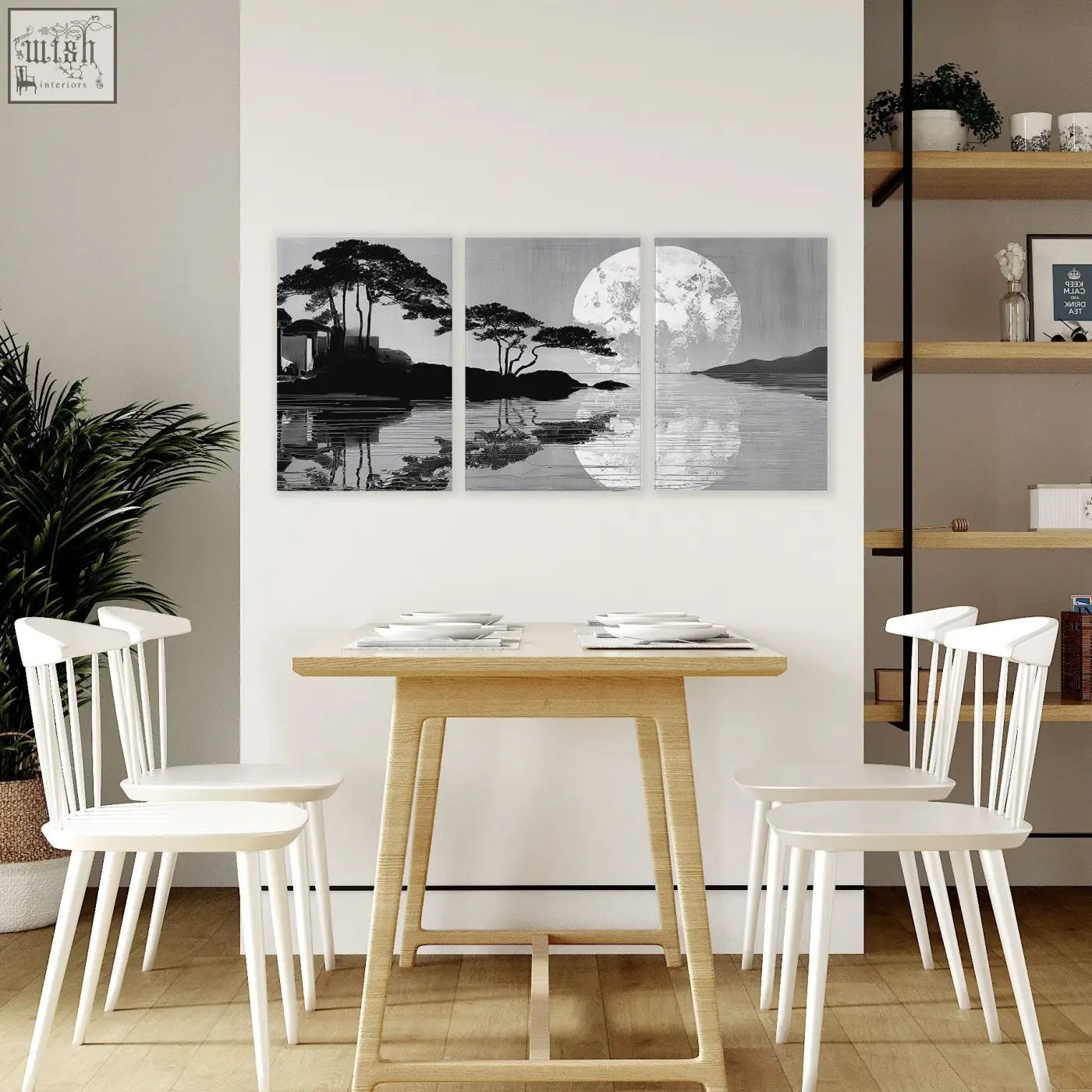 Black and white asian painting triptych wall art of moonlit lakeside with trees perfect for dining room or dining table decor