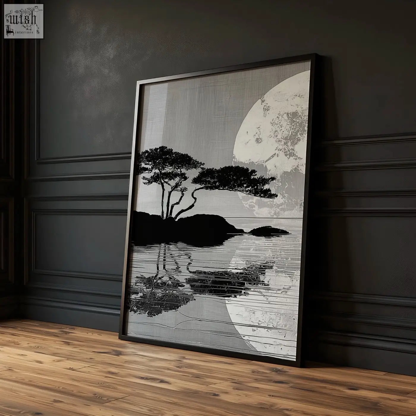 Black-framed asian painting set of 3 featuring japanese moonrise silhouette in grey and black for dining room wall art