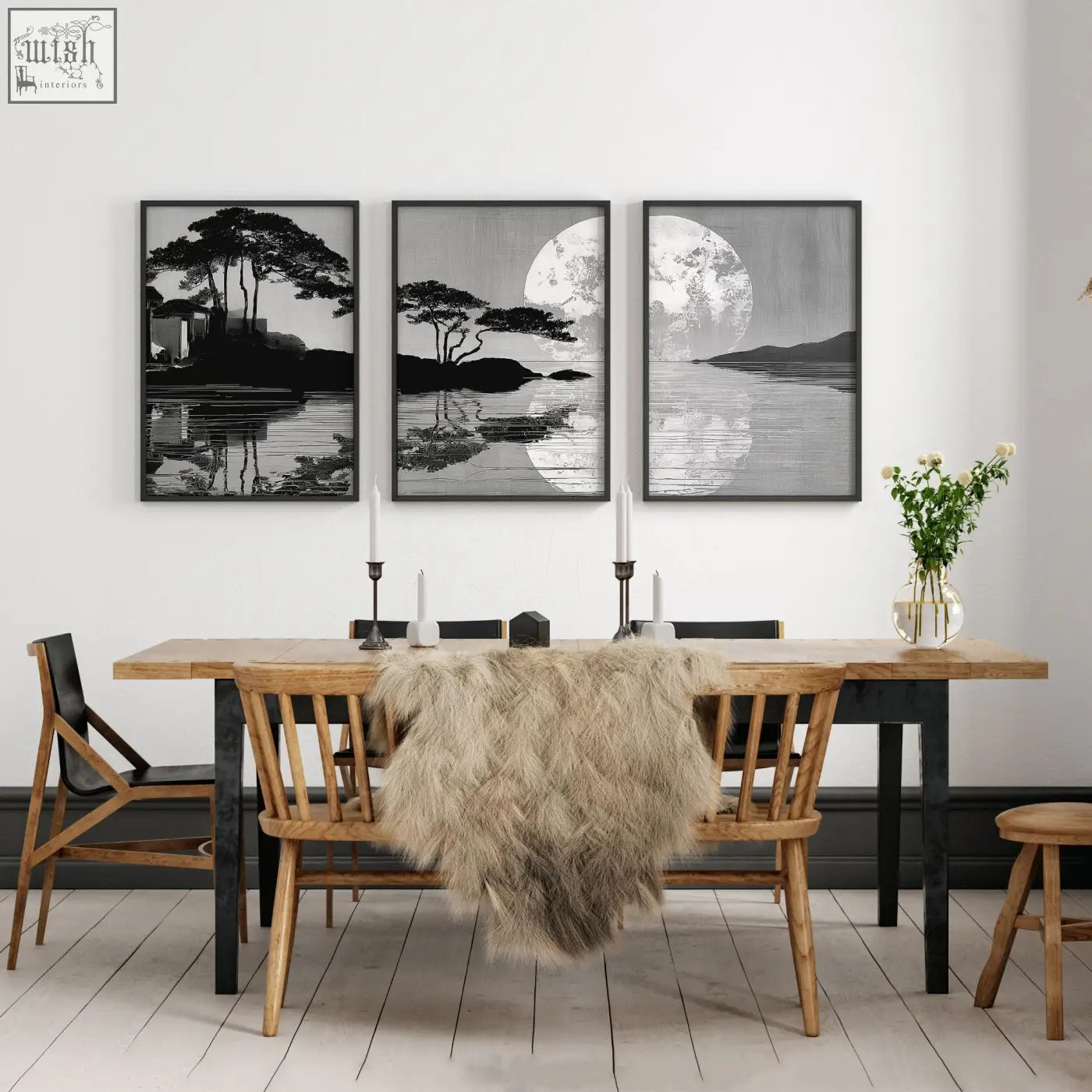 Set of 3 asian painting black-framed monochrome moonrise silhouette prints perfect for dining room or dining table wall art