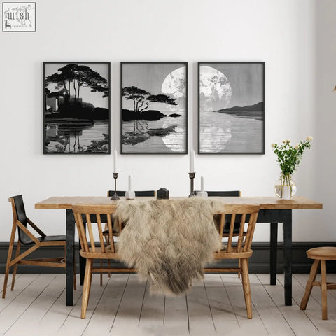 Set of 3 asian painting black-framed monochrome moonrise silhouette prints perfect for dining room or dining table wall art