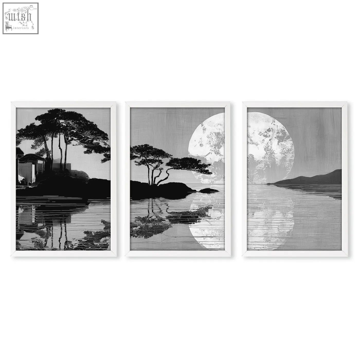 Set of 3 asian painting black and white minimalist moonrise silhouette prints perfect for dining room or dining table wall art