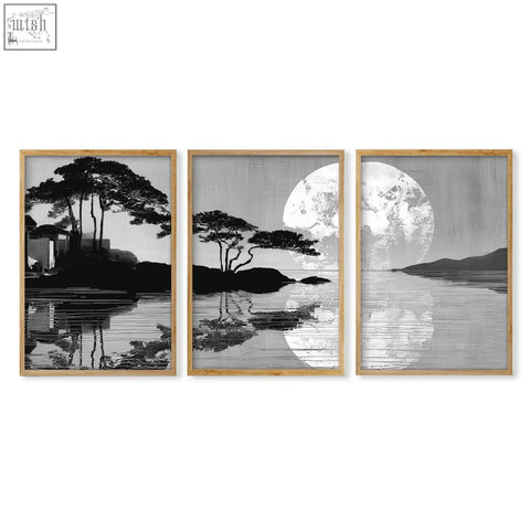Set of three asian painting black and white landscape prints with minimalist wooden frames perfect for dining room wall art