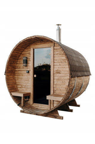 Steam & Oak Gas Barrel Sauna 2.4m with Porch (Electric or Wood-Fired)
