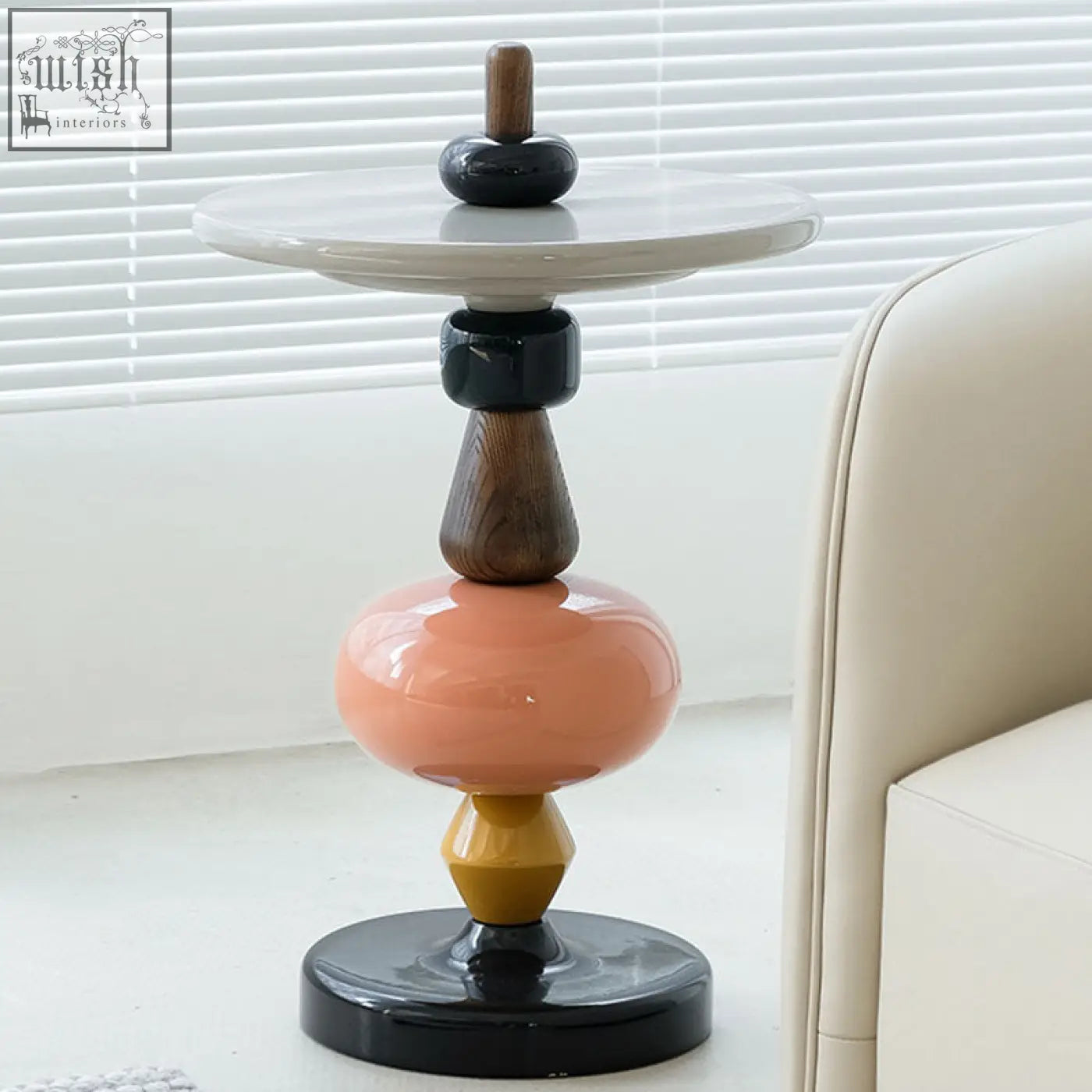 Aspasia side table features a modern ash wood material with glossy peach black and mustard yellow geometric design easy to clean with a damp cloth