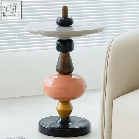 Aspasia side table features a modern ash wood material with glossy peach black and mustard yellow geometric design easy to clean with a damp cloth