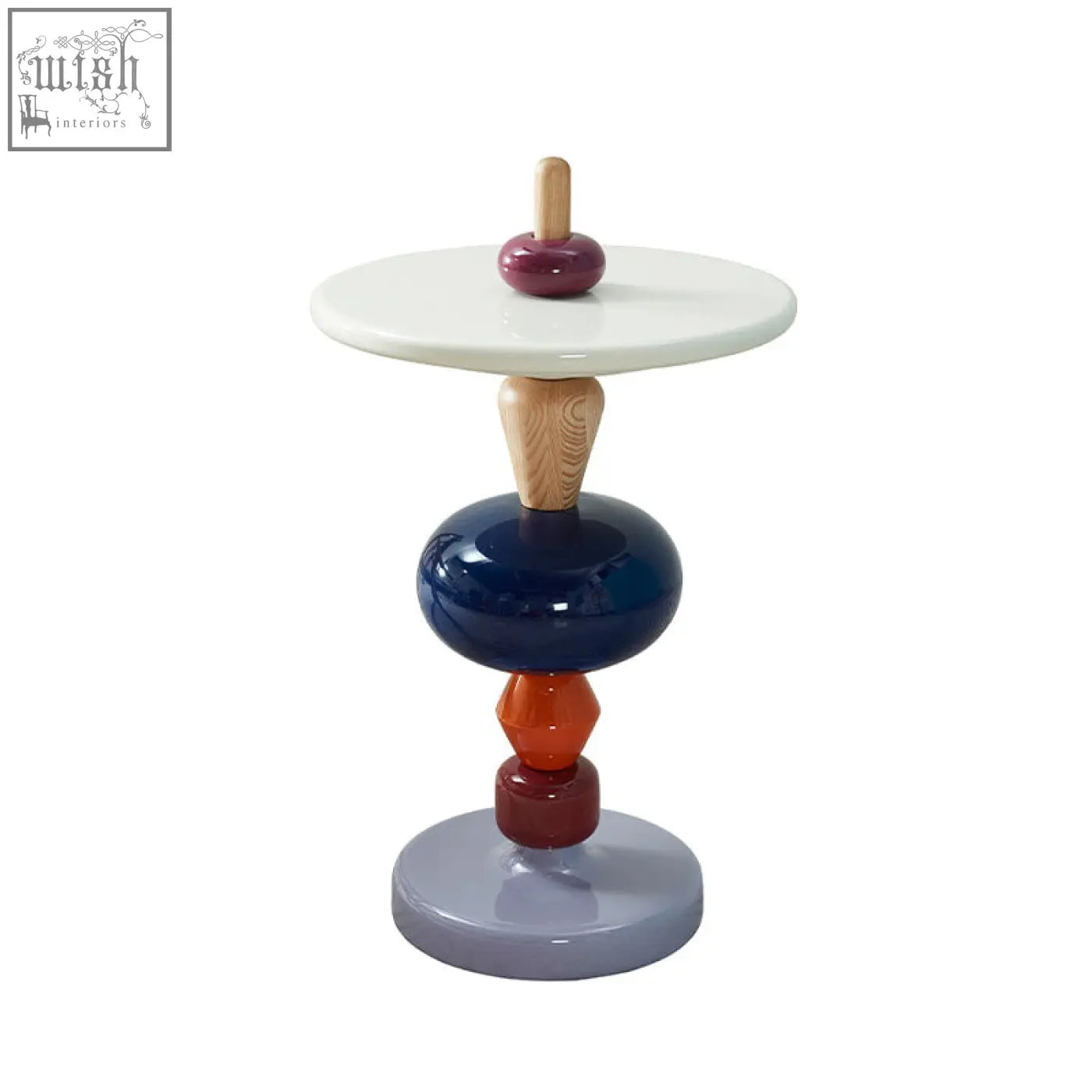 Aspasia side table in ash wood material with glossy white top and colorful geometric navy blue orange red elements cleaned by damp cloth