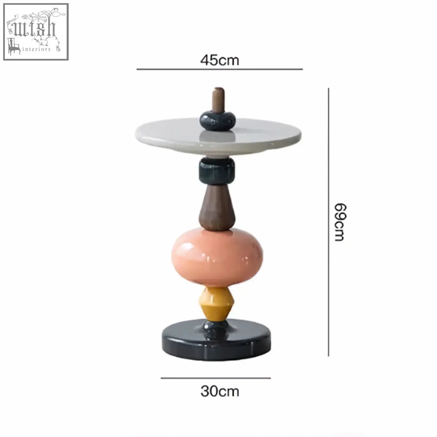 Aspasia side table in ash wood with a sleek gray top and stacked blush pink mustard yellow and dark brown wood material sections