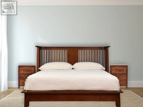 Dark wood bed with slatted headboard and matching solid mango wood aspen 3 drawer bedside tables in chestnut