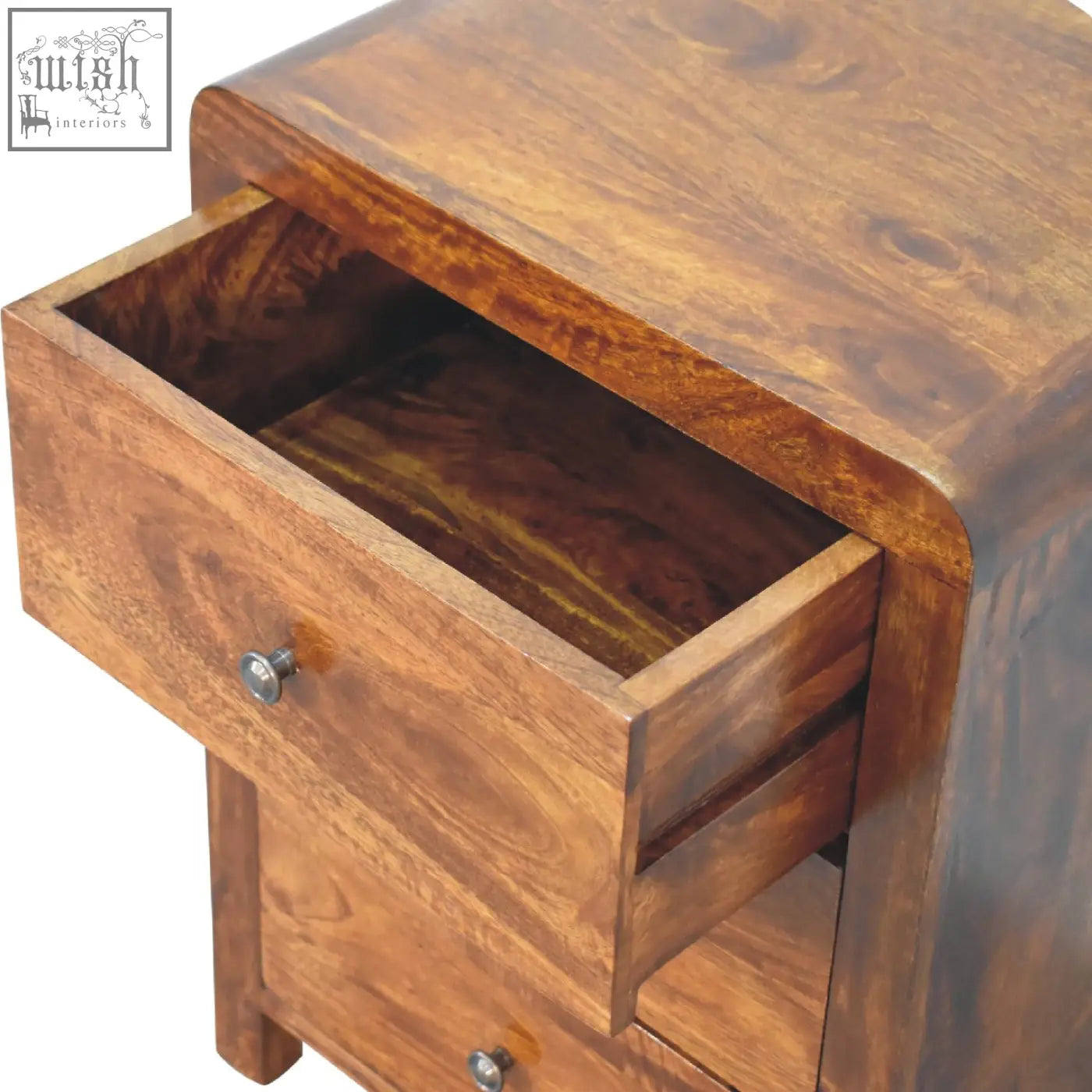 Rich brown aspen 3 drawer bedside table made of solid mango wood with visible grain and metallic knobs