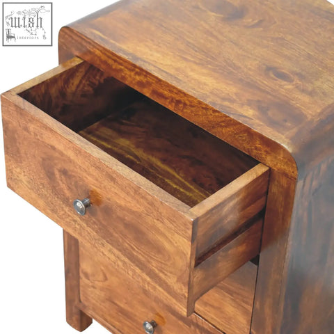 Rich brown aspen 3 drawer bedside table made of solid mango wood with visible grain and metallic knobs