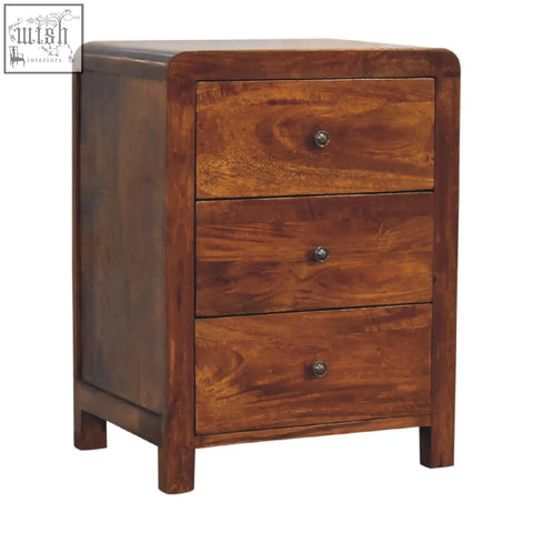 Rich brown aspen 3 drawer bedside table made from solid mango wood with round metal knobs for storage