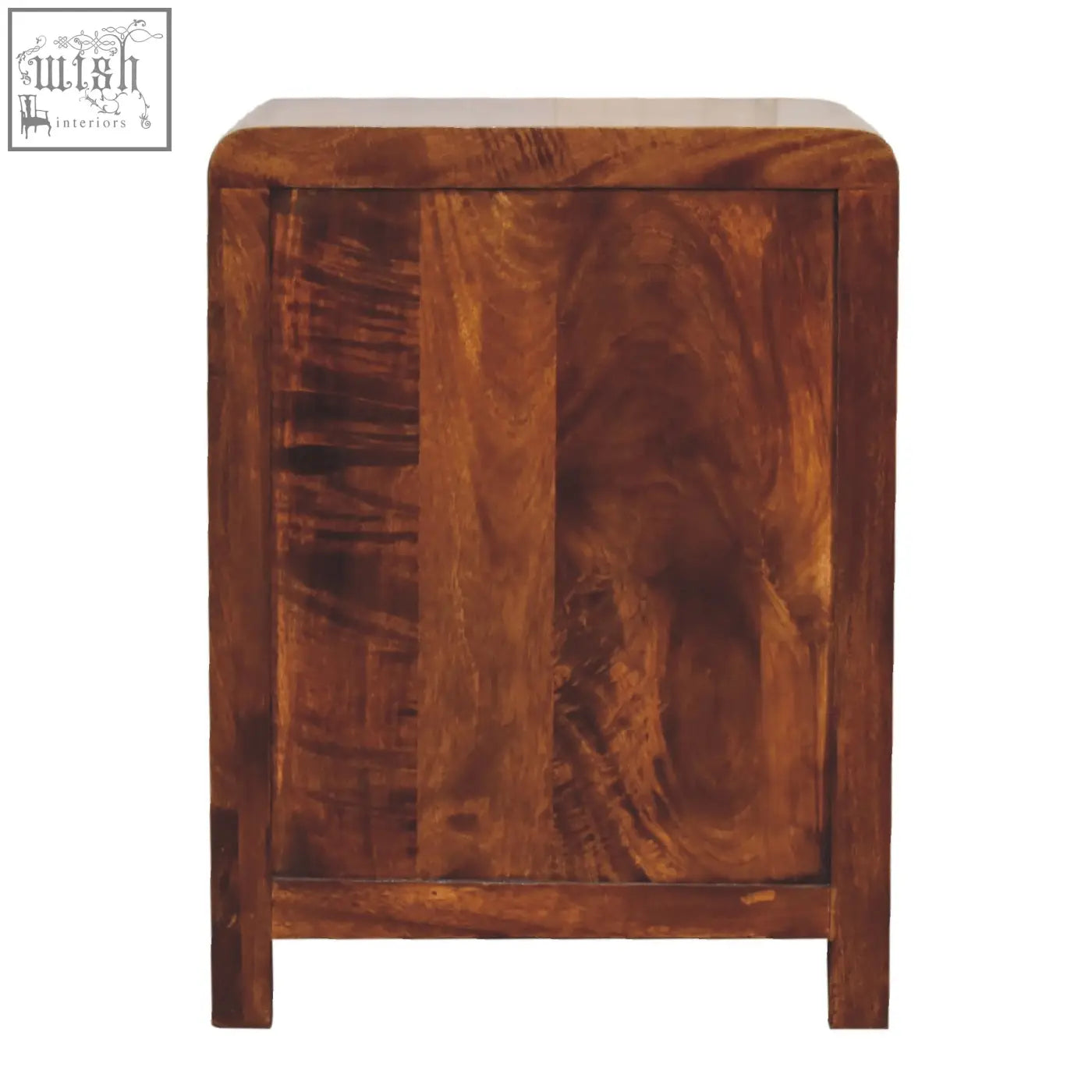 Rich warm-toned aspen 3-drawer bedside table in chestnut finish made from solid mango wood with rustic handcrafted grain