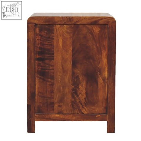 Rich warm-toned aspen 3-drawer bedside table in chestnut finish made from solid mango wood with rustic handcrafted grain