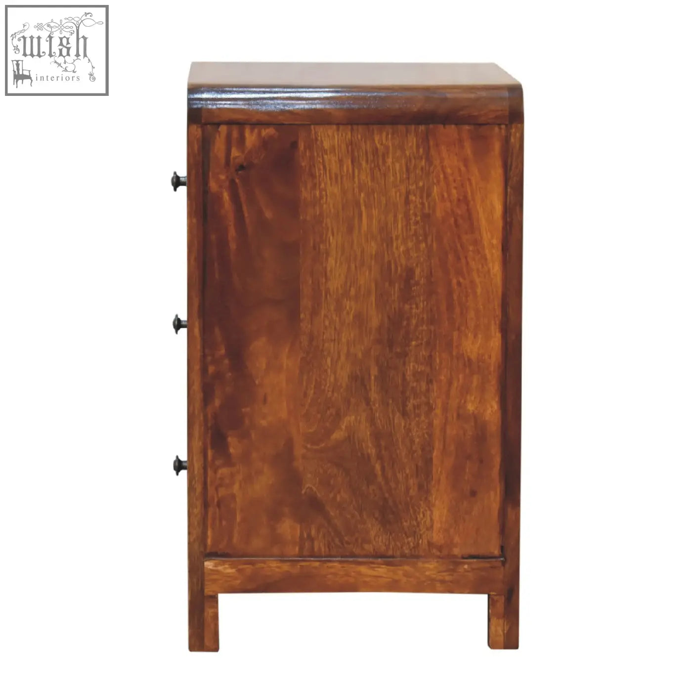 Rich warm-toned chestnut solid mango wood nightstand with three black metal drawer pulls and smooth finish