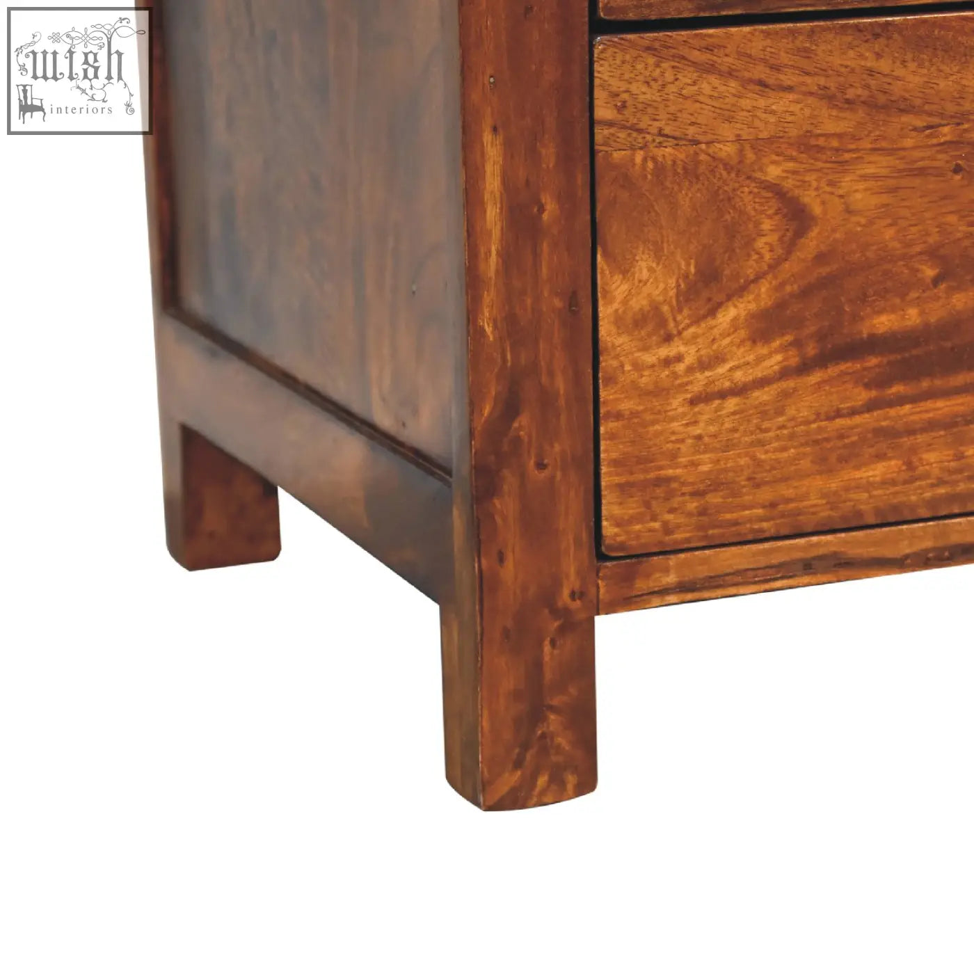 Rich warm-toned aspen 3-drawer bedside table made of solid mango wood with visible grain and sturdy construction