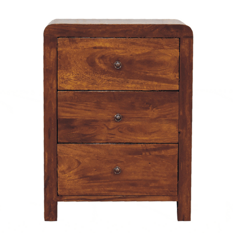 Rustic aspen 3-drawer bedside table in chestnut made of solid mango wood with round metal knobs and natural wood grain