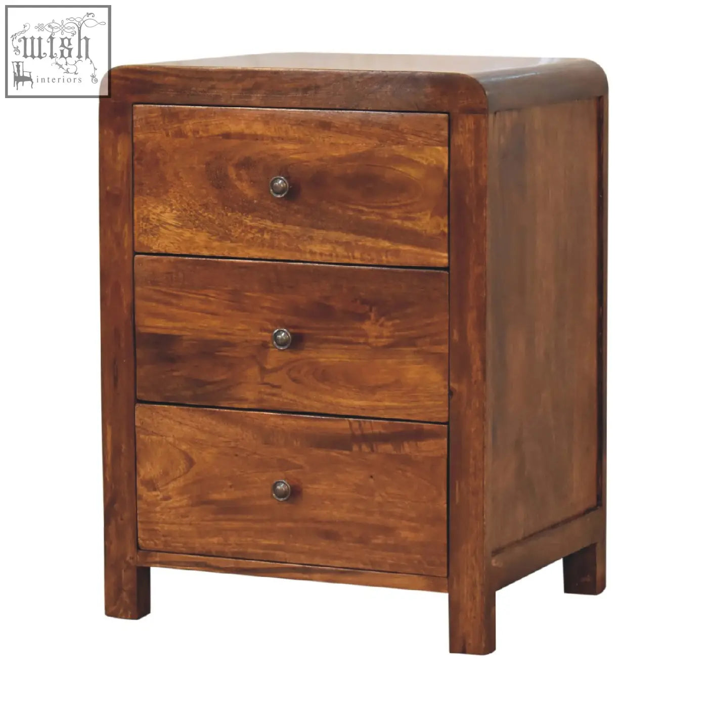 A rustic chestnut 3-drawer bedside table made of solid mango wood with round metallic knobs