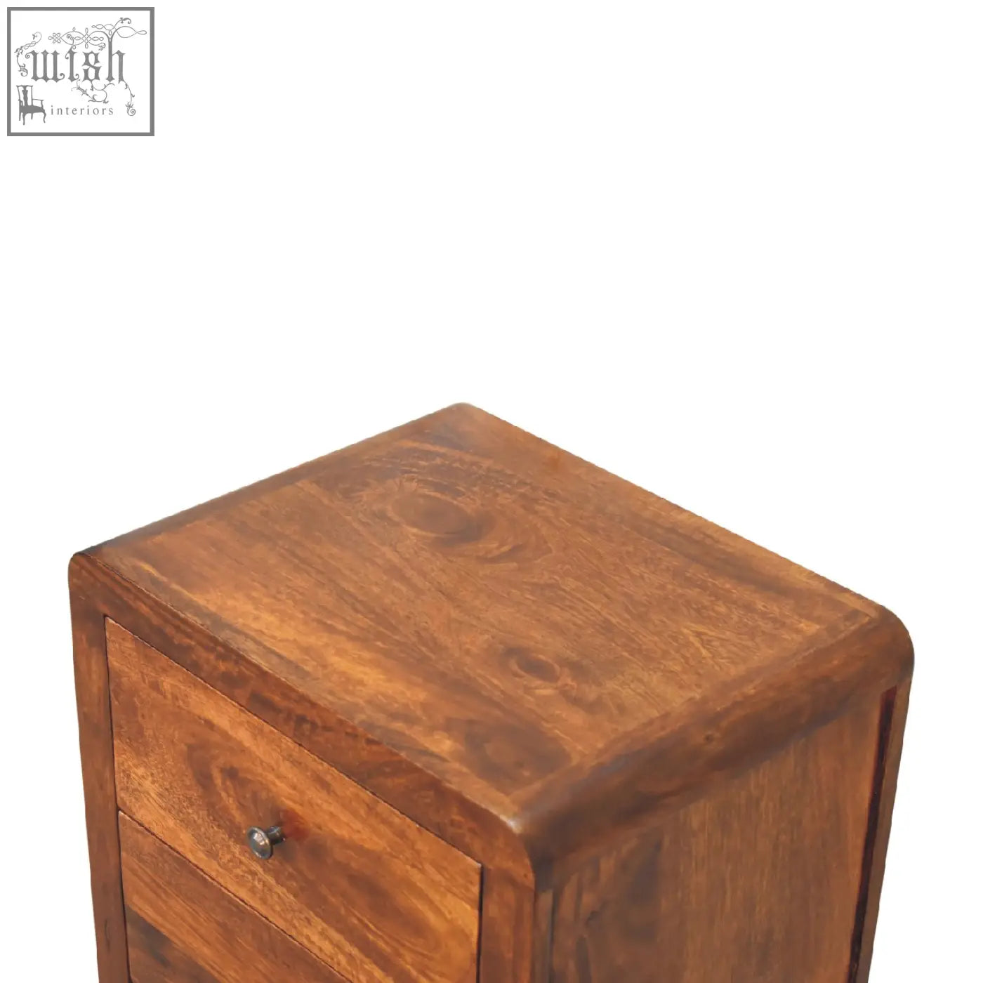 Warm brown aspen bedside table with two drawers and metallic knobs made from solid mango wood with polished finish