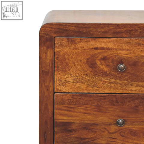 Warm-toned aspen 3-drawer bedside table with two drawers and round knobs made of solid mango wood in chestnut finish
