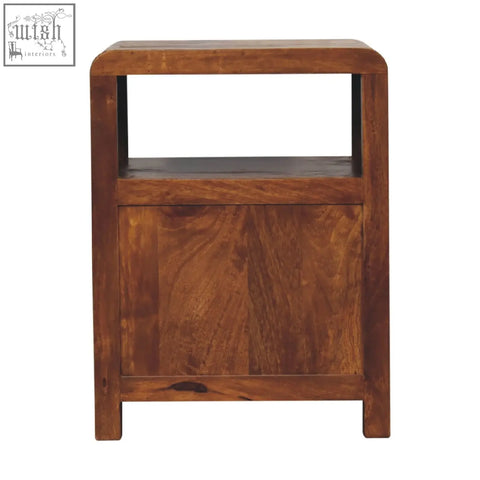 Solid mango wood nightstand with rich warm brown chestnut finish and natural grain patterns for bedroom use