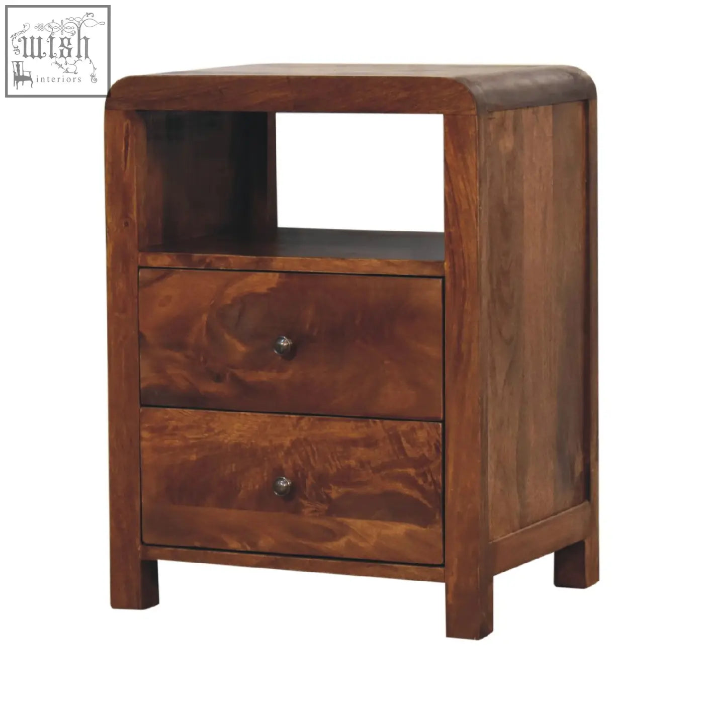 Rich brown aspen bedside table with two drawers and top shelf made from solid mango wood chestnut finish